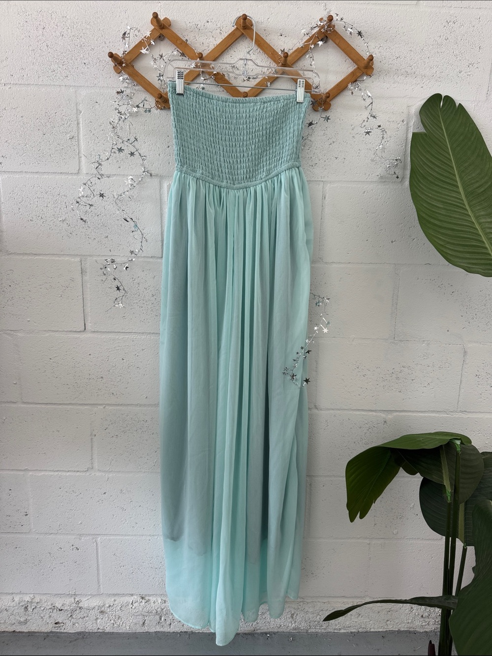 Aqua strapless chiffon romper with smocked top